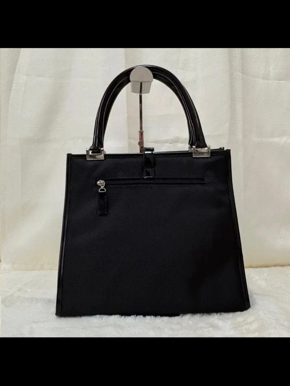Paolo Gucci Black Structured Satchel with Center Stripe and Silver Accents